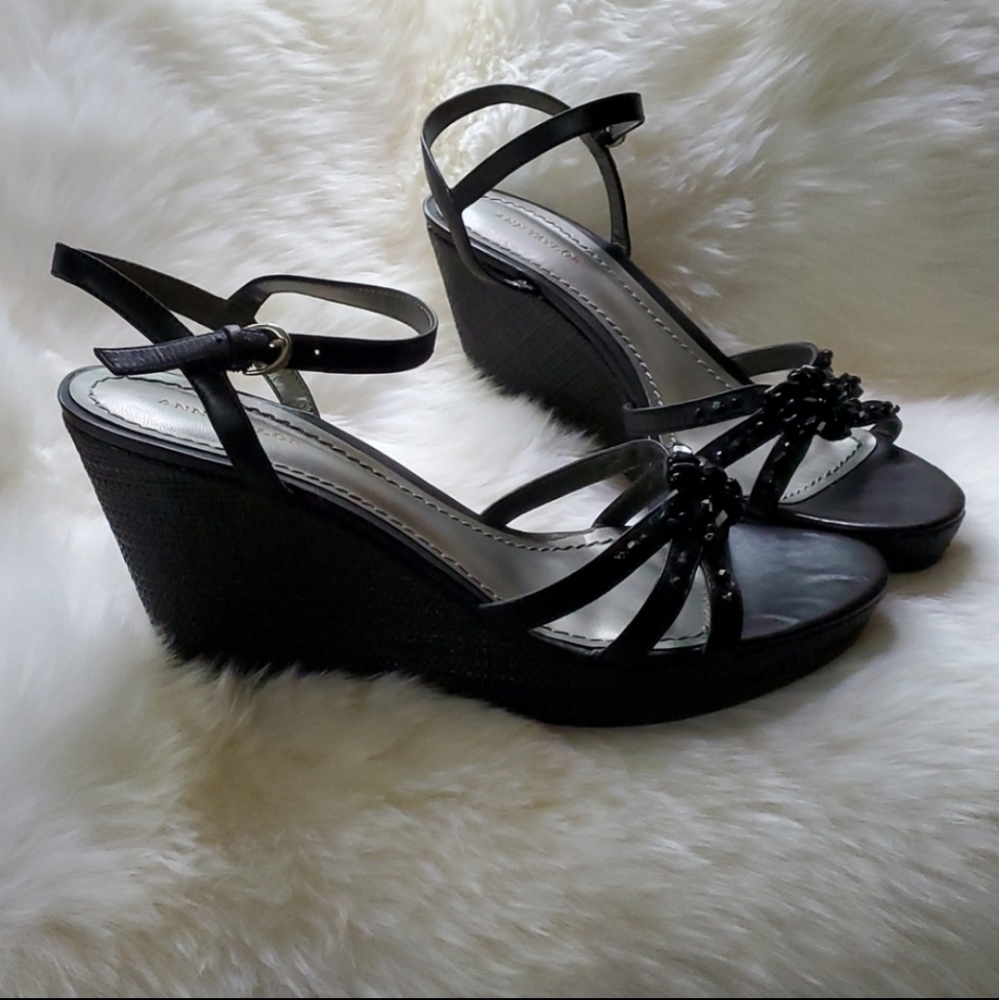 Ann Taylor Jeweled Black Leather Wedge Sandals